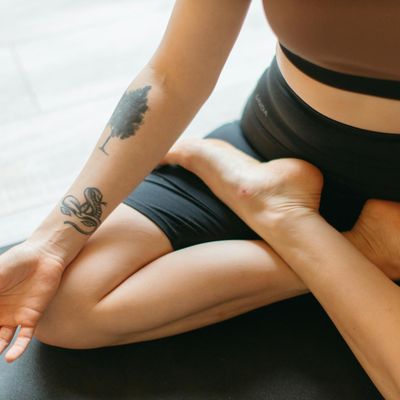 Close-up on feet positioned for a balance exercise.